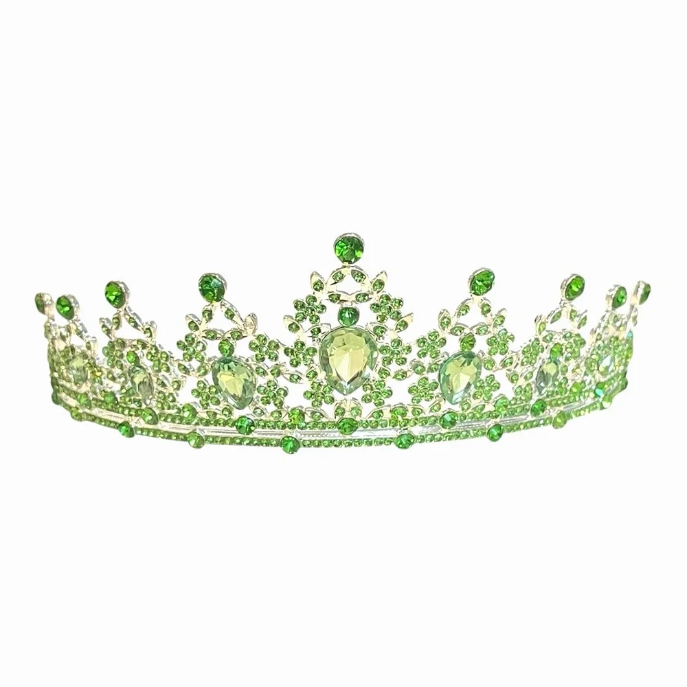 New Beautiful Silver Tone Green Rhinestone Tiara Crown Queen Pageant Birthday